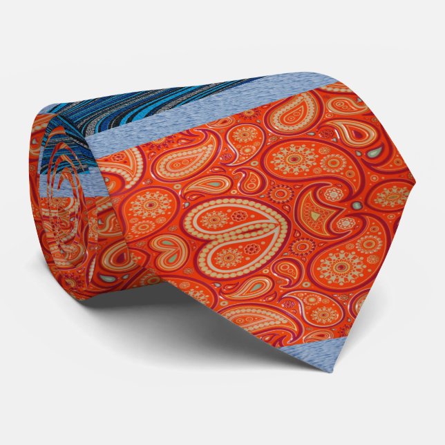 Men Designer Ties Blue Orange Paisley (Rolled)