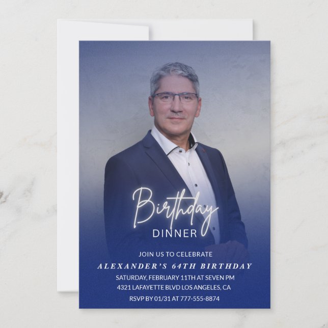 Men Dinner Photo Navy blue 64th birthday Invitation (Front)