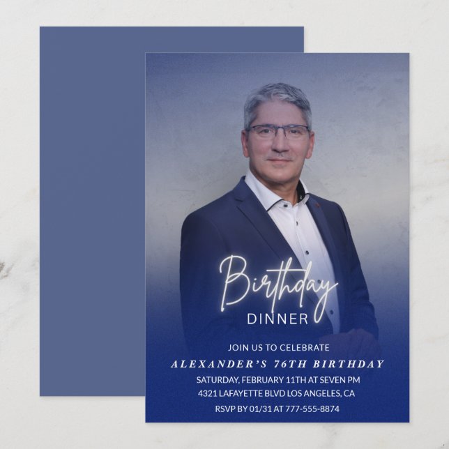 Men Dinner Photo Navy blue 76th birthday Invitation (Front/Back)