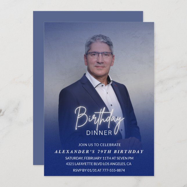 Men Dinner Photo Navy blue 79th birthday Invitation (Front/Back)