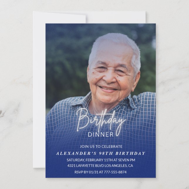 Men Dinner Photo Navy blue 98th birthday Invitation (Front)