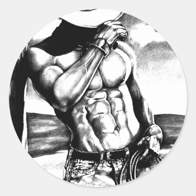 Men Elegant Fine Art Modern Drawing Western Cowboy Classic Round Sticker (Front)