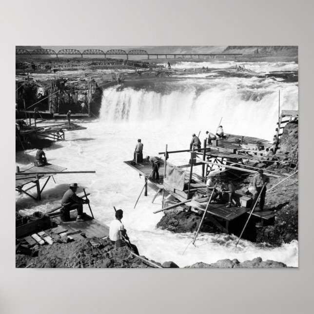 Men fishing at Celilo Falls Photograph Poster (Front)