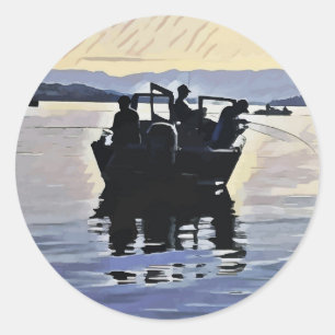 men fishing in lake abstract silhouette art classic round sticker
