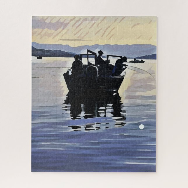 men fishing in lake abstract silhouette art jigsaw puzzle (Vertical)