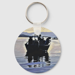 men fishing in lake abstract silhouette art key ring