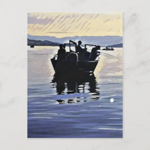 men fishing in lake abstract silhouette art postcard