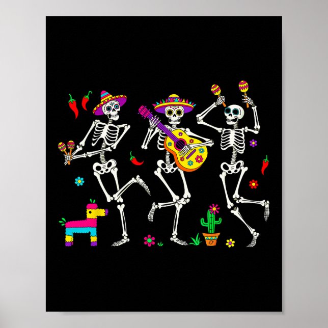 Men Funny Skeleton Dancing Guitar Pinata Cinco De  Poster (Front)