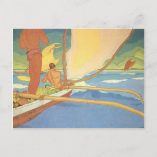 'Men in an Outrigger Canoe Headed for Shore' Postcard