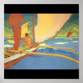 Men in an Outrigger Canoe Headed for Shore Poster