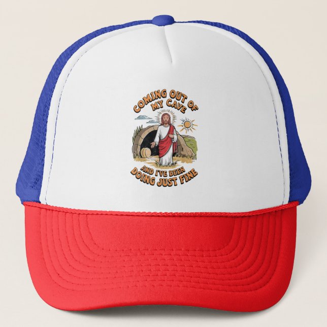 Men Jesus Coming Out of My Cave Trucker Hat (Front)