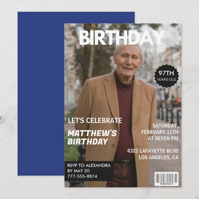 Men Magazine Navy blue Photo 97th birthday  Invitation (Front/Back)