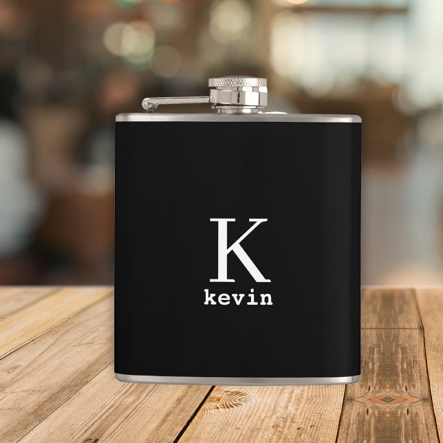Men monogram modern black and white personalised hip flask (Creator Uploaded)