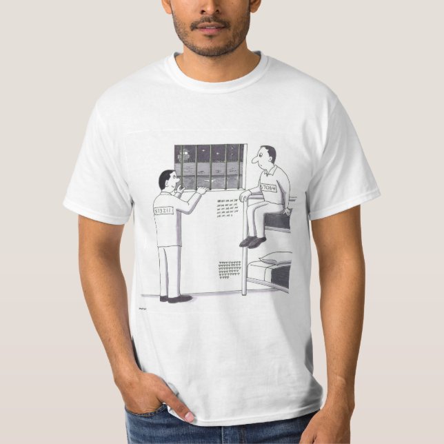 Men n Jail Looking Outside One Looking Up One Down T-Shirt (Front)