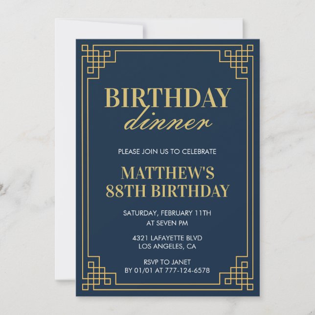 Men Navy blue Birthday dinner 88th birthday  Invitation (Front)