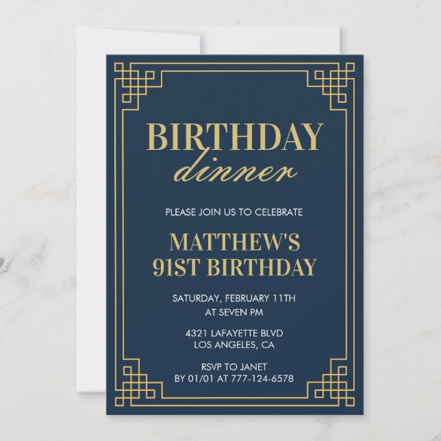 Men Navy blue Birthday dinner 91st birthday  Invitation (Front)