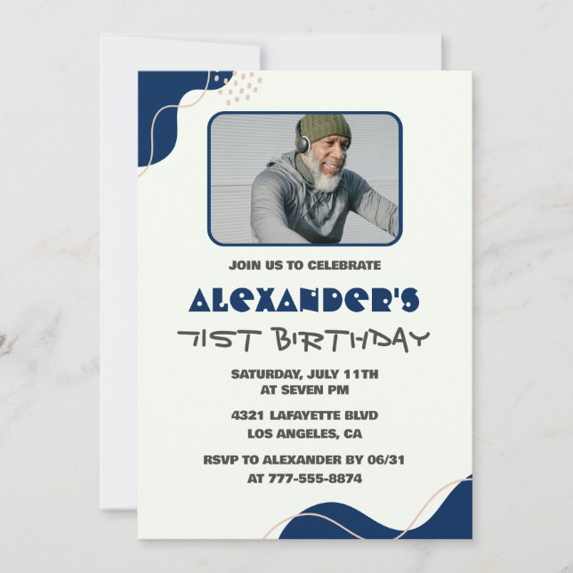 Men Navy White 71st birthday invitations  (Front)