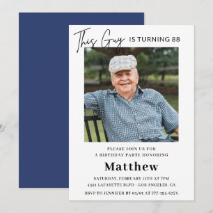 Men Navy White Photo 88th birthday Invitation