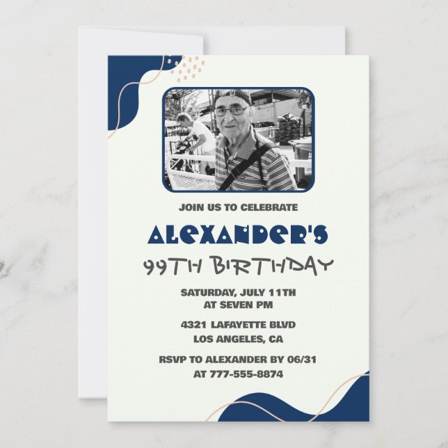 Men Navy White Picture 99th birthday invitations  (Front)