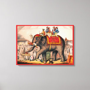 Men Performing A Circus Act With An Elephant. Canvas Print