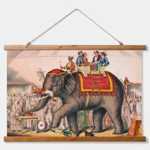Men Performing A Circus Act With An Elephant. Hanging Tapestry