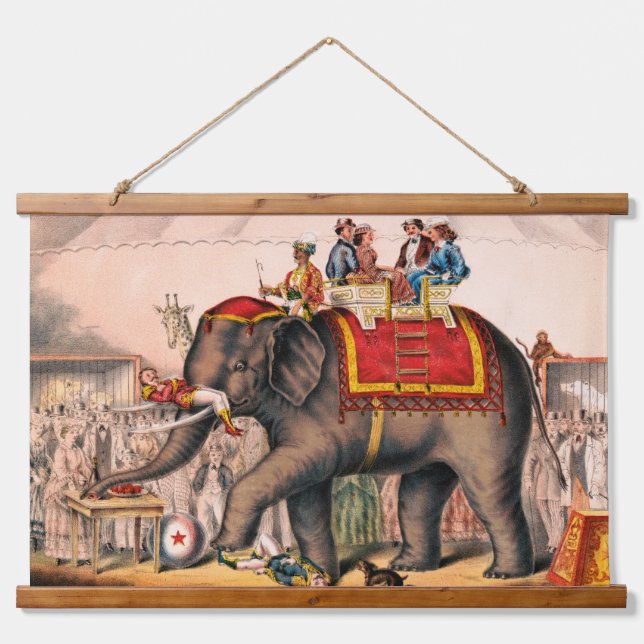 Men Performing A Circus Act With An Elephant. Hanging Tapestry (Front)