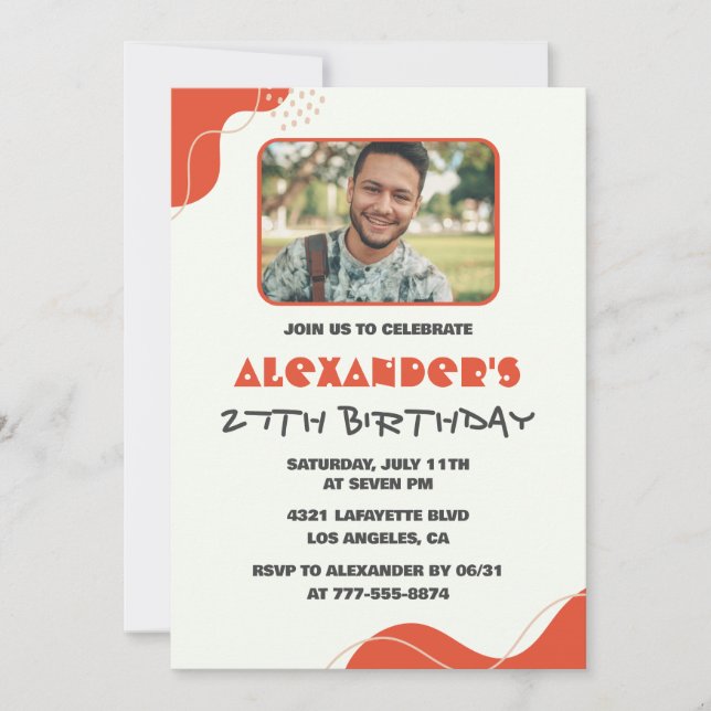 Men Photo 27th birthday invitations Modern Red (Front)