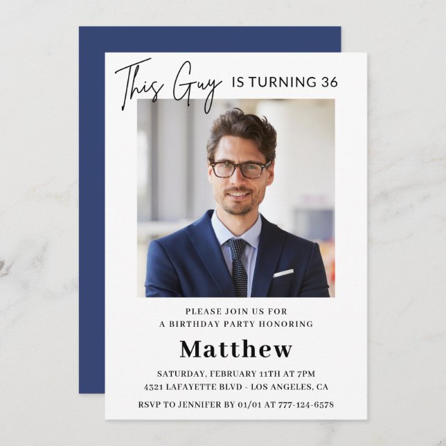 Men Photo 36th birthday invitations Navy blue (Front/Back)