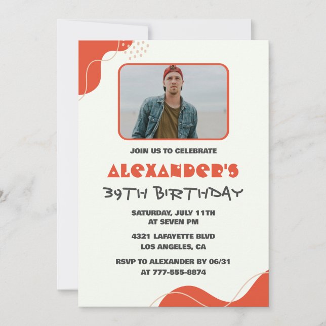 Men Photo 39th birthday invitations Modern Red (Front)