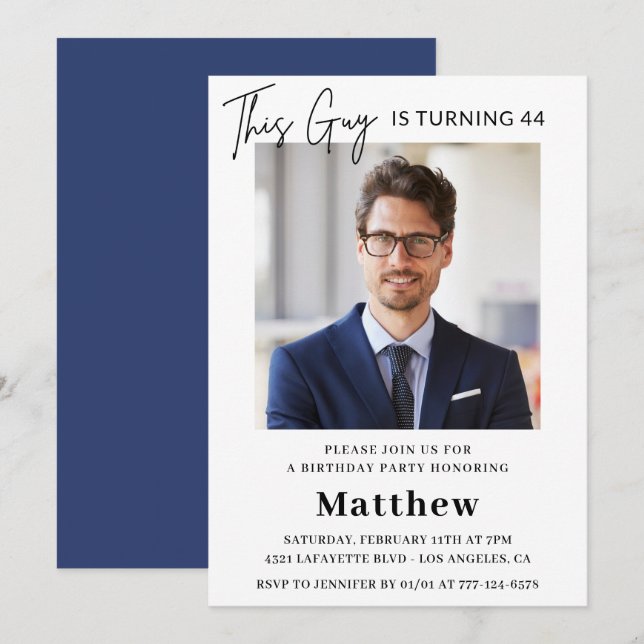 Men Photo 44th birthday invitations Navy blue (Front/Back)