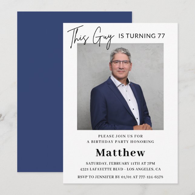 Men Photo 77th birthday invitations Navy blue (Front/Back)