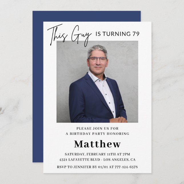 Men Photo 79th birthday invitations Navy blue (Front/Back)
