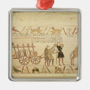 Men pulling a cart loaded with wine and arms metal tree decoration