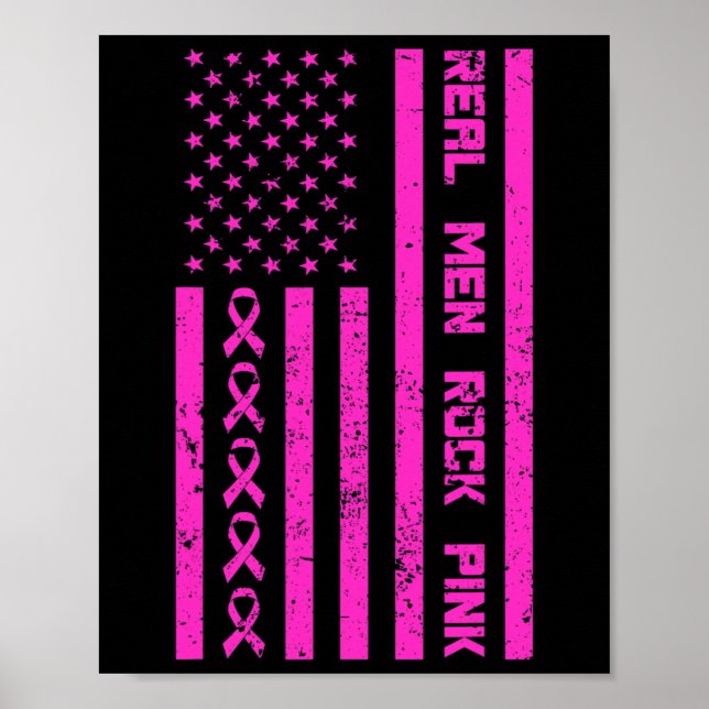 Men Rock Pink Ribbon Breast Cancer Awareness Ameri Poster (Front)