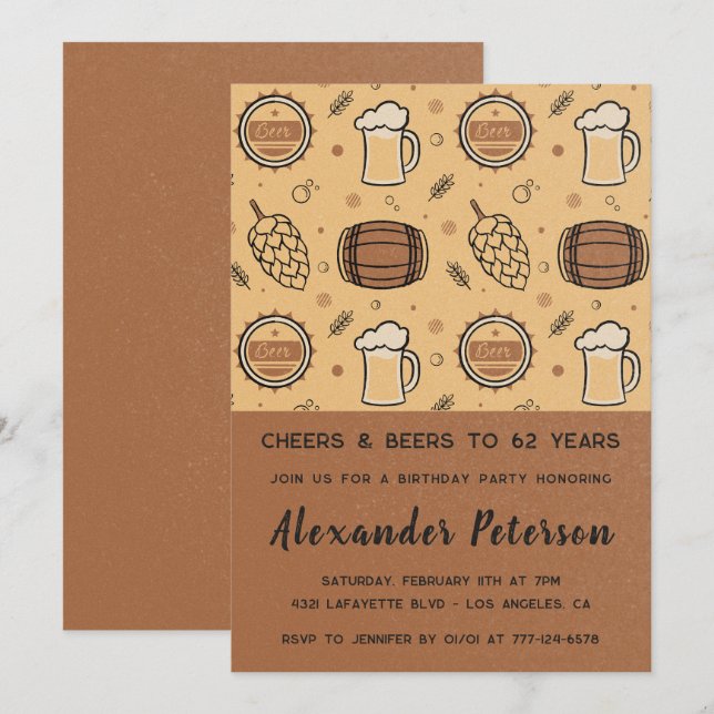 Men Rustic Beer 62nd birthday invitations  (Front/Back)