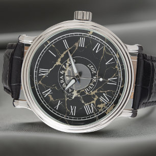 Men’s Black Faux Marble Watch – Leather – Vintage