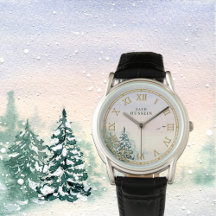 Men’s Custom Name Leather Watch – Snowy Forest
