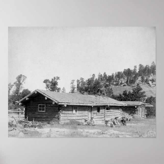Men Sitting outside Log Cabin in South Dakota Poster (Front)