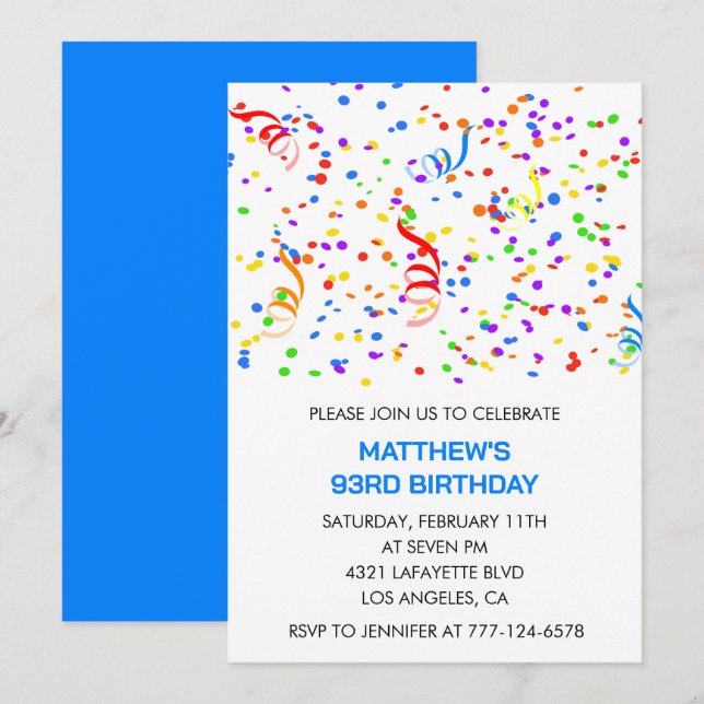 Men Vintage Confetti 93rd birthday invitations  (Front/Back)