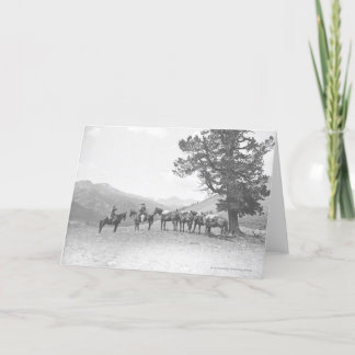 Men with packhorses looking over a hill card