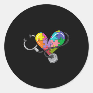 Men women stethoscope autism heart colourful puzzl classic round sticker