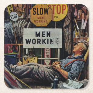 Men Working Square Paper Coaster