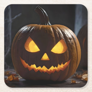 Menacing Halloween Pumpkin, Square Paper Coaster