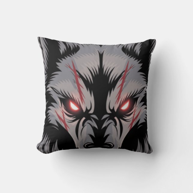Menacing Wolf with Glowing Red Eyes Cushion (Front)