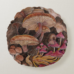 Menagerie of Mushrooms Round Cushion