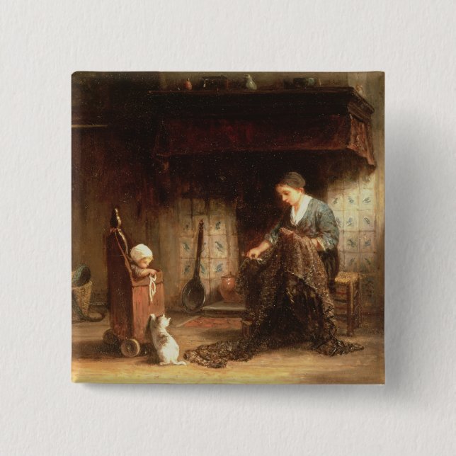 Mending the Nets (oil on panel) 15 Cm Square Badge (Front)