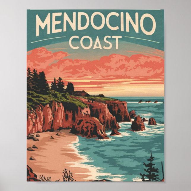 Mendocino Coast, California Retro Watercolor Poster (Front)