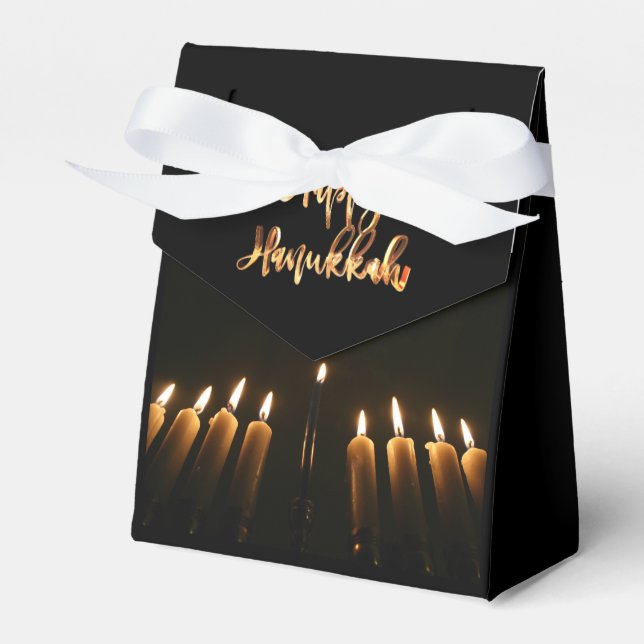 Menorah and Faux Gold Script Happy Hanukkah Favour Box (Front Side)