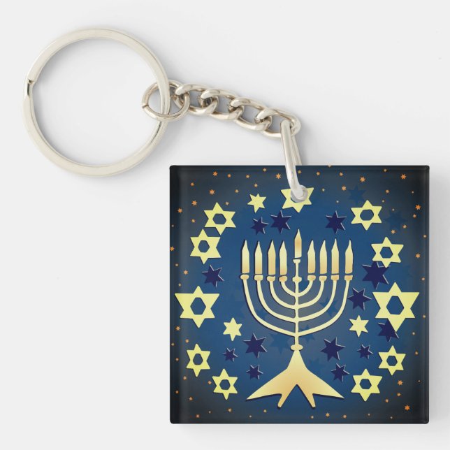 Menorah and Stars Blue and Green Key Ring (Front)