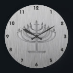Menorah; Brushed metal-look Large Clock<br><div class="desc">You will love this brushed aluminium metal look Jewish Hanukkah Menorah design. Great for gifts! Available on tee shirts, smart phone cases, mousepads, keychains, posters, cards, electronic covers, computer laptop / notebook sleeves, caps, mugs, and more! Visit our site for a custom gift case for Samsung Galaxy S3, iphone 5,...</div>